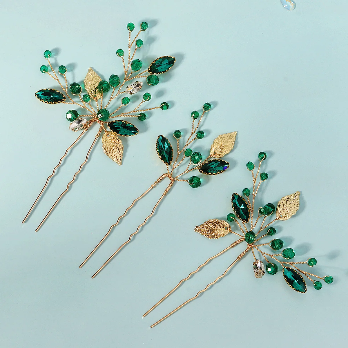 3-teiliges Set Handgefertigte Smaragdgrüne Kristall-Haarnadeln mit Goldblatt, Braut-Kopfschmuck im Waldstil, Haarschmuck für Damen – Detail 7
