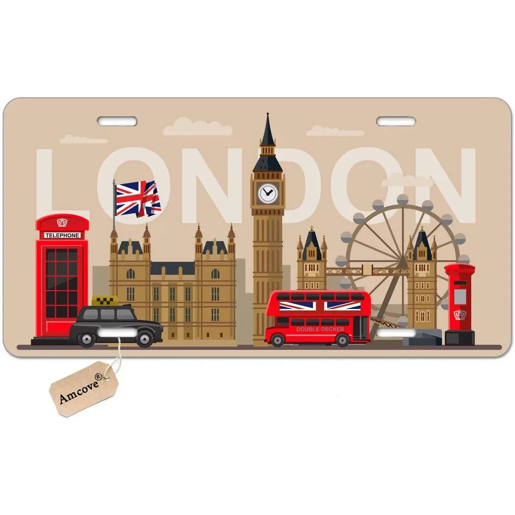 

Along and Britain and London Icon Custom License Plate Holder Durable Car Tag 6 X 12 Inches with 4 Holes