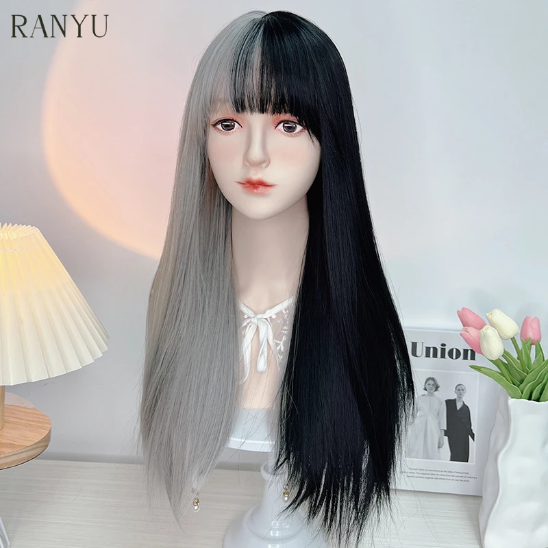 RANYU Black and White Two-color Wig With Bangs Long Straight Lolita Hair Cosplay Ombre Synthetic Wigs For Women