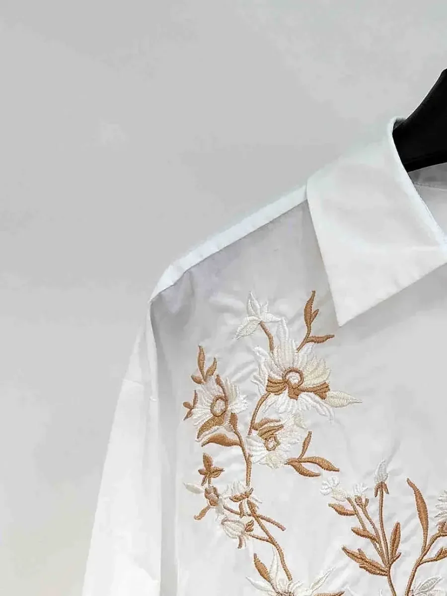 

Shirt for Women Floral Embroidery Turn Down Collar Long Sleeve Single Breasted Female Vintage Blouse