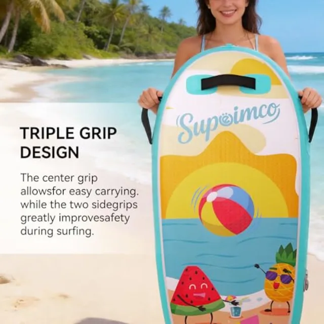 Inflatable Boogie Board for beach pool use, PVC core material, blue color, lightweight and foldable with wrist straps