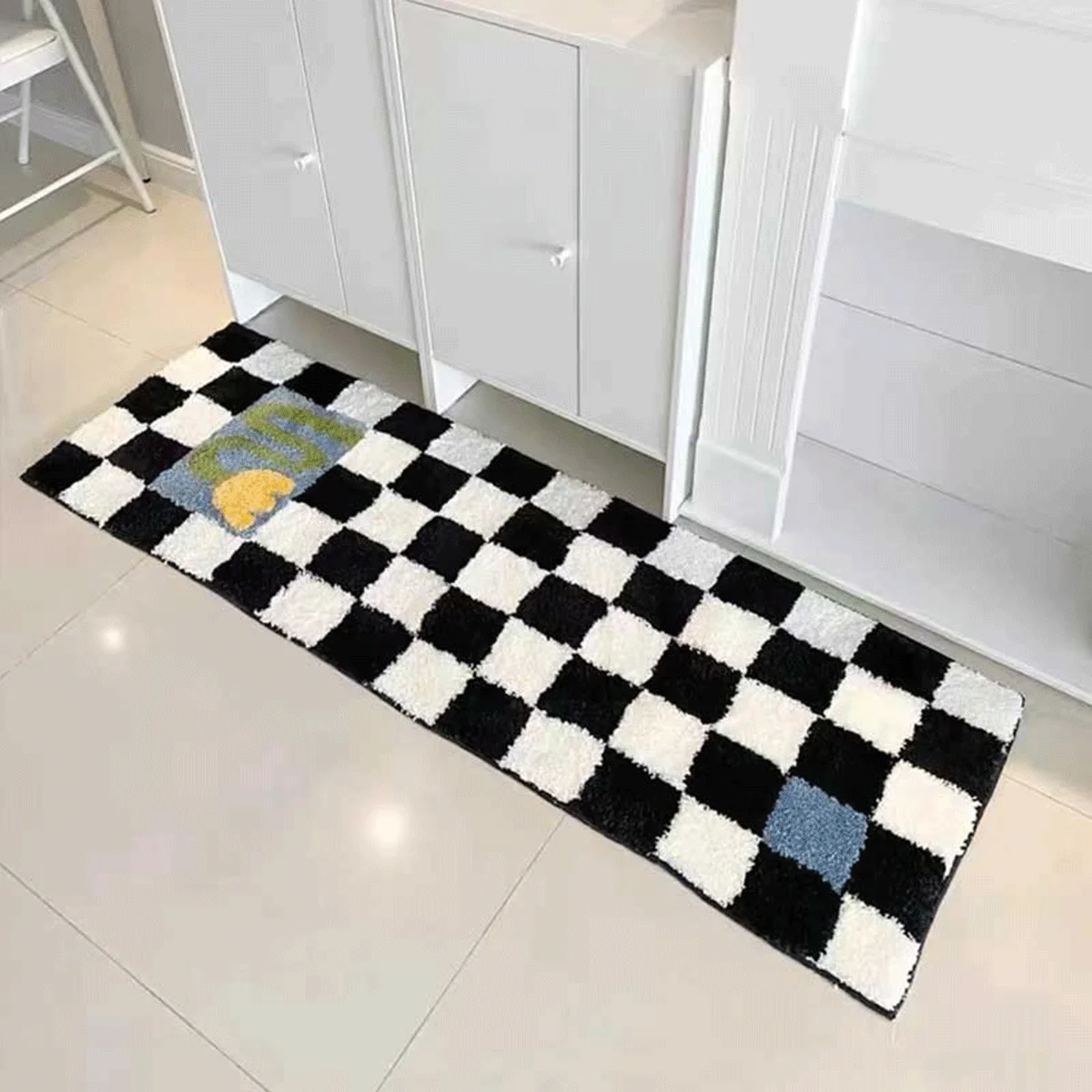 Luffy Soft Rugs for Bedroom INS Checkered Children's Mat Hairy Carpet Cute Room Decor Non-Slip Long Bedside Floor Mats Floor Mat
