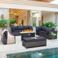 Outdoor Patio Furniture Set 11 Piece Dark Brown Rattan Sectional Sofa PE Wicker Conversation Chairs with 45" Propane Fire 1