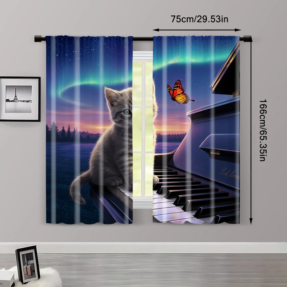 2pcs, Window Drapes Cat with butterfly on piano Protecting Privacy Festive Backdrops for Indoor Use bedroom decor 3