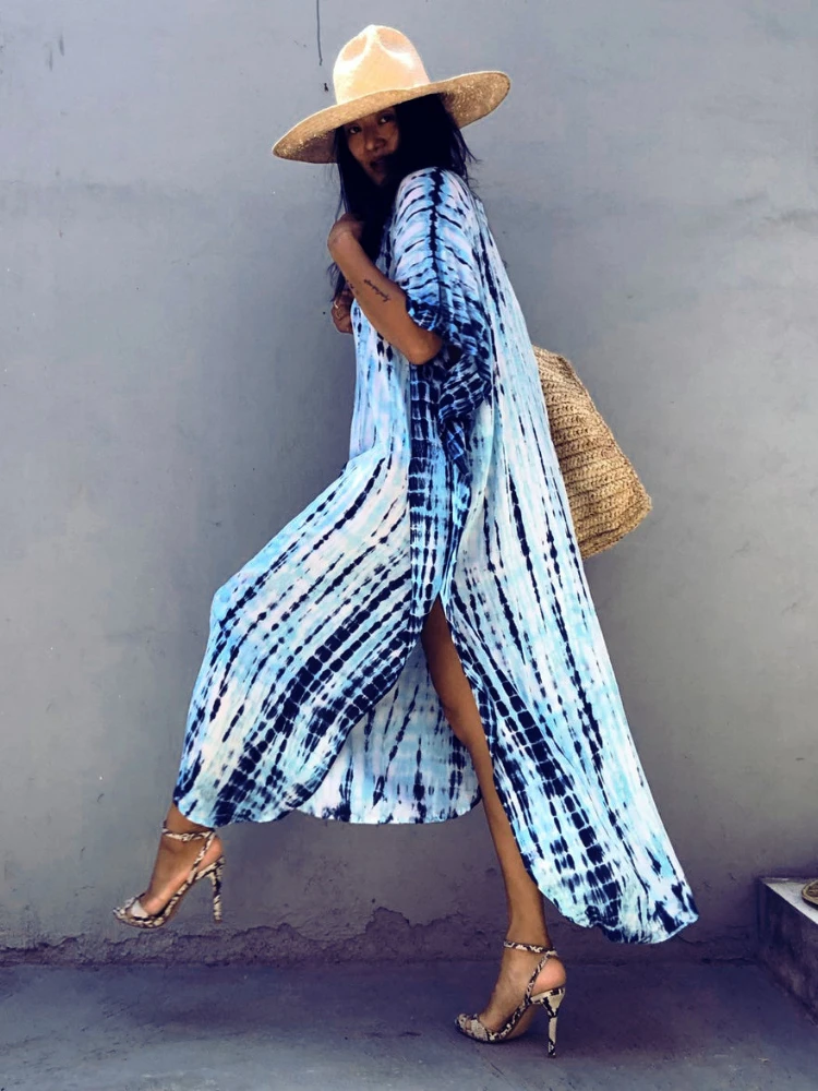 Kaftans 비치 드레스 넥타이 염색 프린트 비키니 커버 수영복 여성용 보헤미안 수영복 비치웨어 Hot