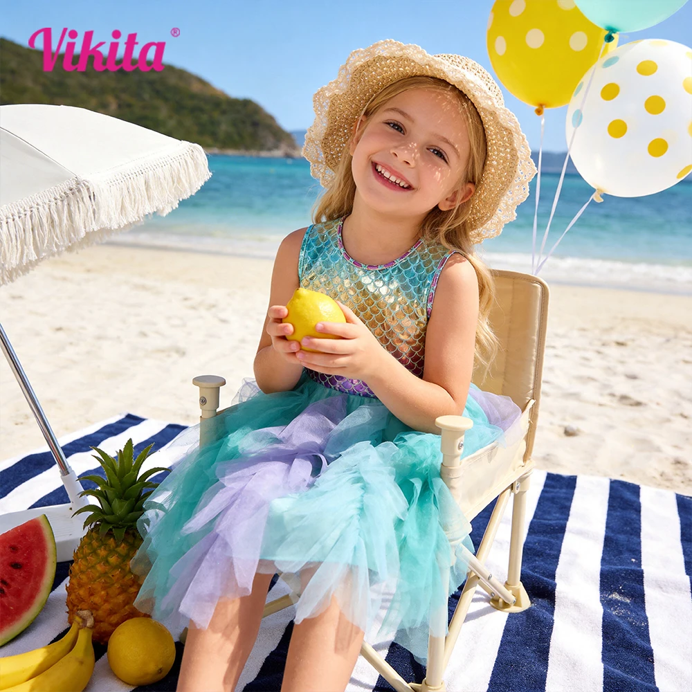 VIKITA Kinder Sommer Ärmellose Kleider Mädchen Meerjungfrauenkleid Mädchen Geburtstagsparty Tutu Mesh Mehrschichtige Kleider Kinderkleidung 3-8 Jahre