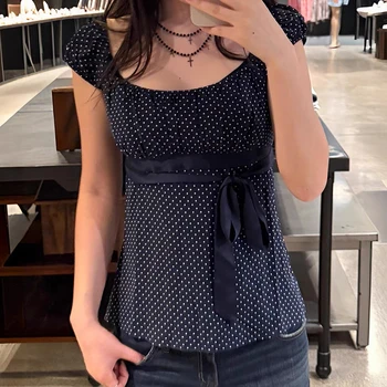 Teen Girl Square Collar Short Sleeve Milkmaid Tees Women Cutest Babydoll Crop Tops Preppy Vintage Y2K Aesthetic Tie Up T-shirt 1
