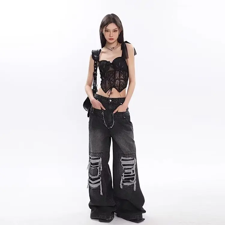 new American retro washing and destructive jeans men's double waist loose high waist wide-leg pants boys teenagers trend