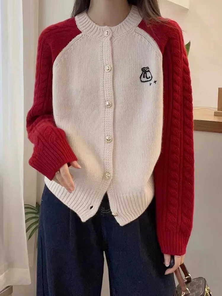 

2024 Early Spring High Quality Contrast Raglan Sleeves Fried Dough Twists Knitted Cardigan Sweater Women Patchwork Coat X826