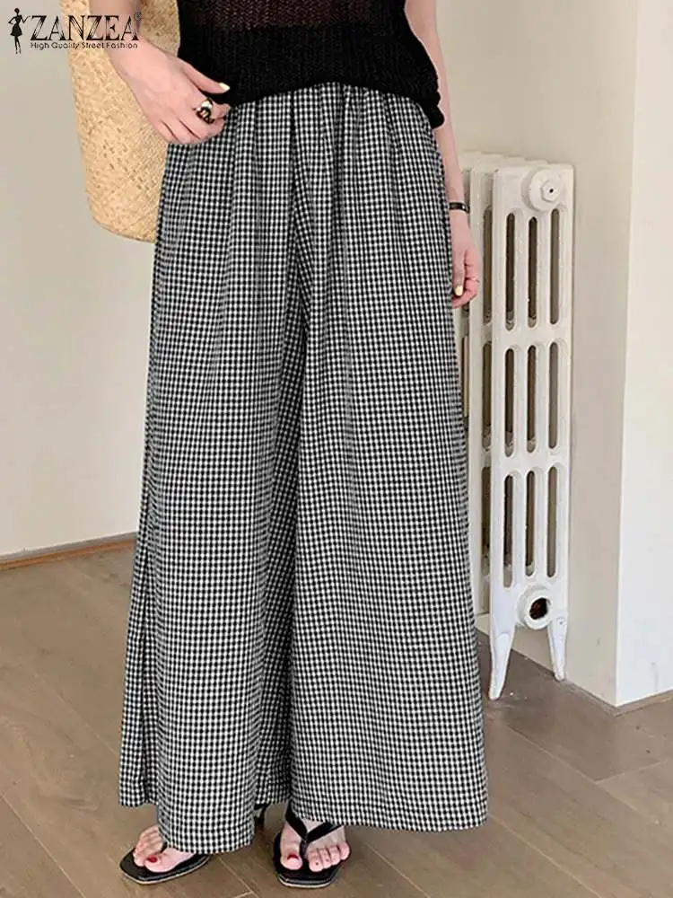 

ZANZEA Women Checked Grid Pants Autumn Spring Office Pant High Waist Wide Leg Trousers Loose Casual Long Pantalon Work Capris