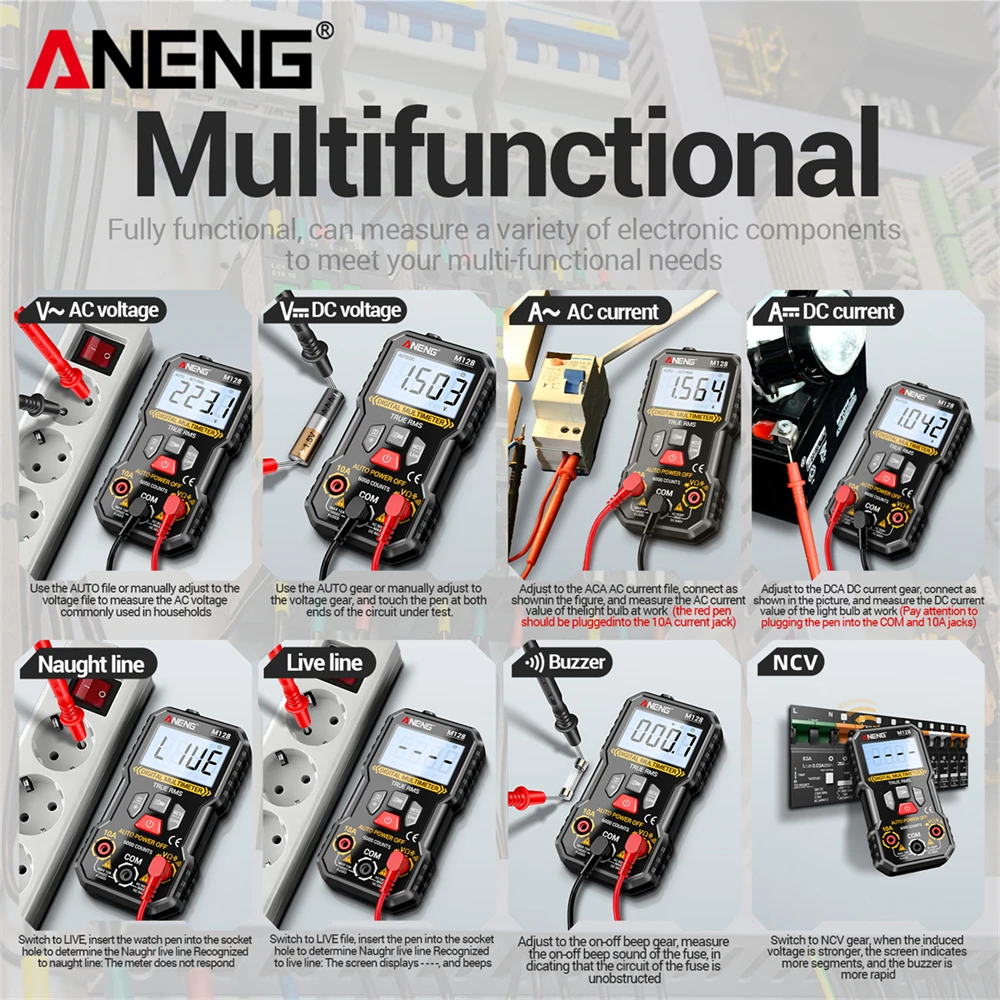 ANENG M128 디지털 멀티미터 6000 카운트, NCV 전압 감지 AC/DC 전압 테스터 전기 기술자용 백라이트 스크린 손전등