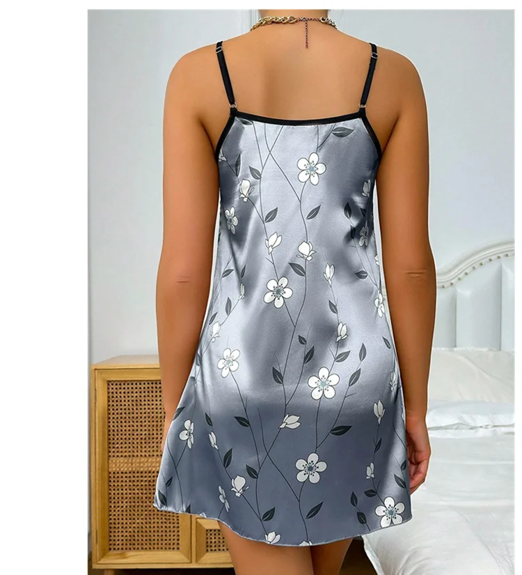 Damen Nachthemd Satin Blumen druck Nachthemd bequemes Spaghetti träger Nachtwäsche Kleid luxuriöses Satin Slip Nachthemd – Detail 12