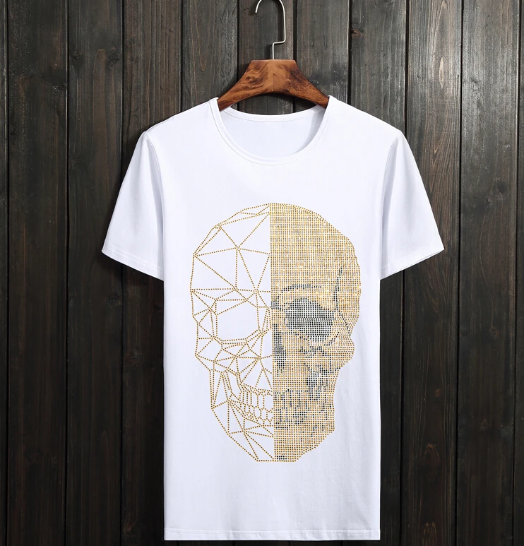 

Summer Top Mens Skulls Rhinestones T Shirts Modal Cotton O Neck Short Sleeve Slim Tee Shirt