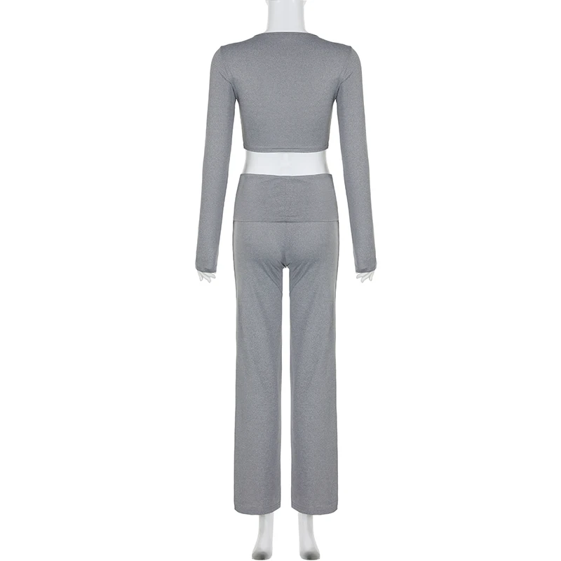Rockmore Casual Minimalist Solid Women's Long Sleeve Crew Neck T Shirts Low Waist Pants Sets Comfy Breathable Two Piece Outfits 6