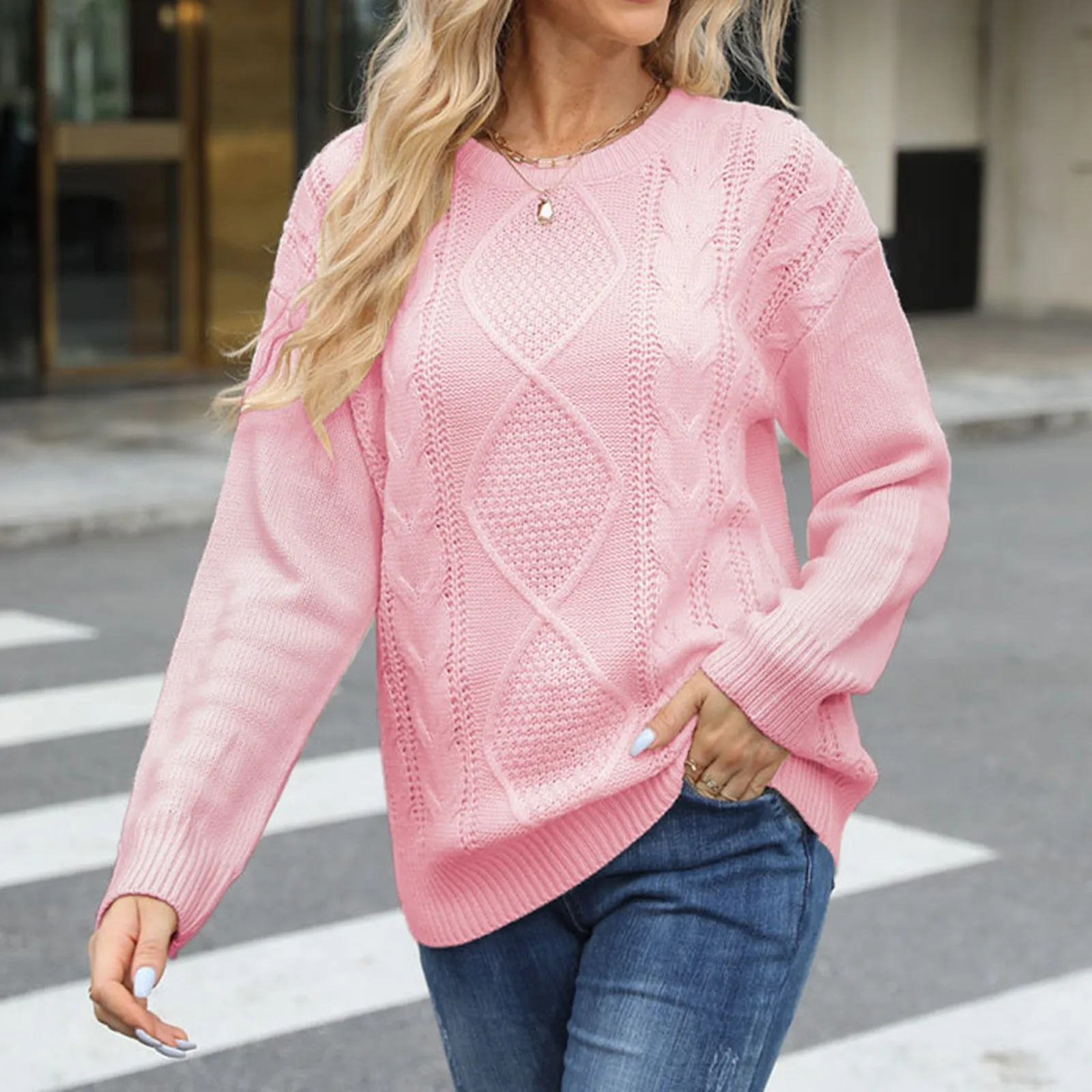 

Womens Knit Sweater Sweet Pink Pullover Crew Neck Solid Color Top Casual Basic Warm Sweater Korean Autumn Winter Women Clothes
