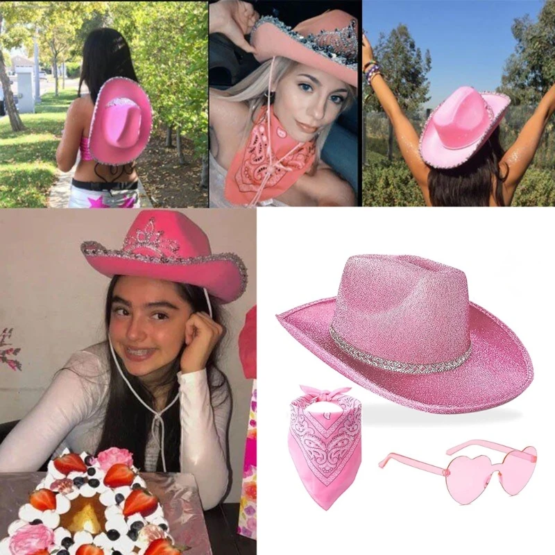 Glittering Cowboy Hat Bandana Sunglasses Costume for Women Men Musical Festival Dress Up Bachelorette Party Props