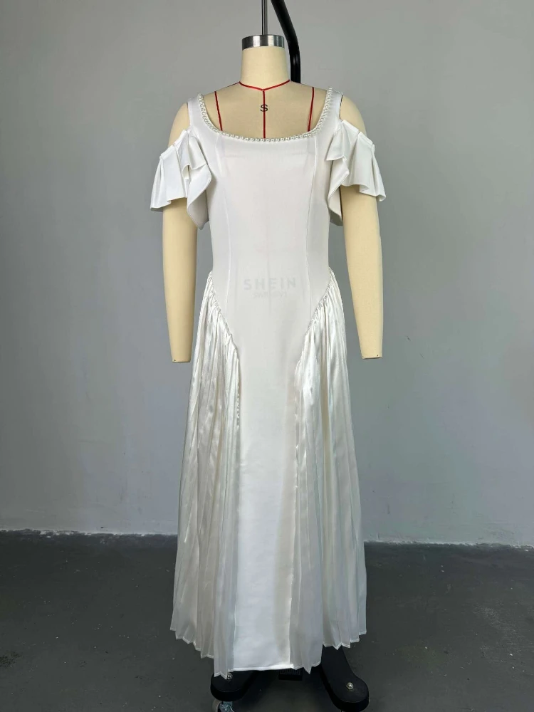 AOMEI Abiti eleganti slim fit da donna senza spalline Abito bianco pieghettato alla caviglia con maniche corte a farfalla e scollo a U - immagine 4