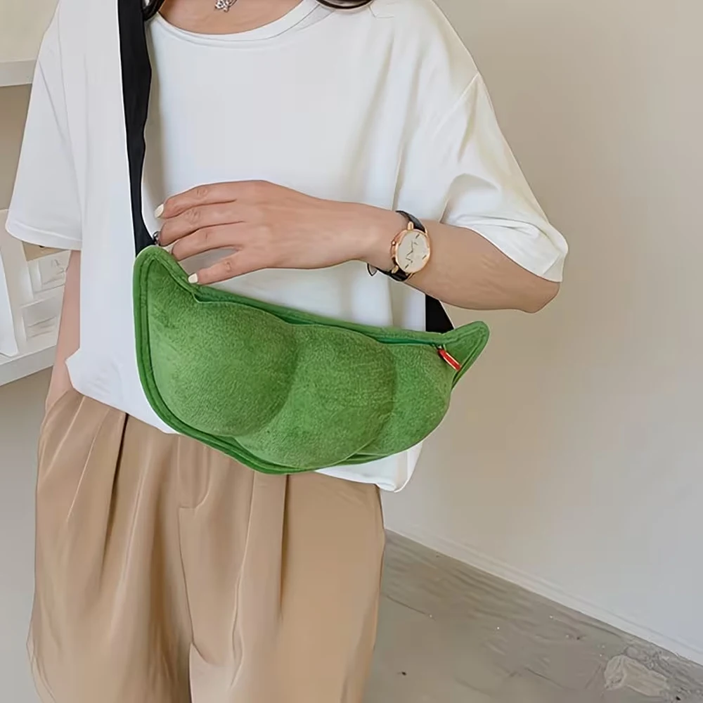 Girls' Bags with Large Capacity, Soft and Cute Plush, Quirky and Adorable Pea-Shaped Design, Single-Shoulder Crossbody Women's Chest Bag - 2