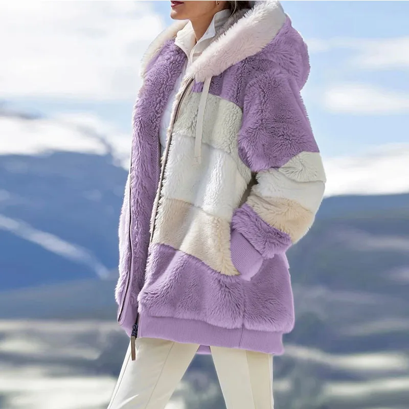 

Women Autumn Winter Jacket Female Coat Causal Soft Hooded Fleece Plush Warm Outdoor Overcoat Faux Fur Fluffy Zipper Top
