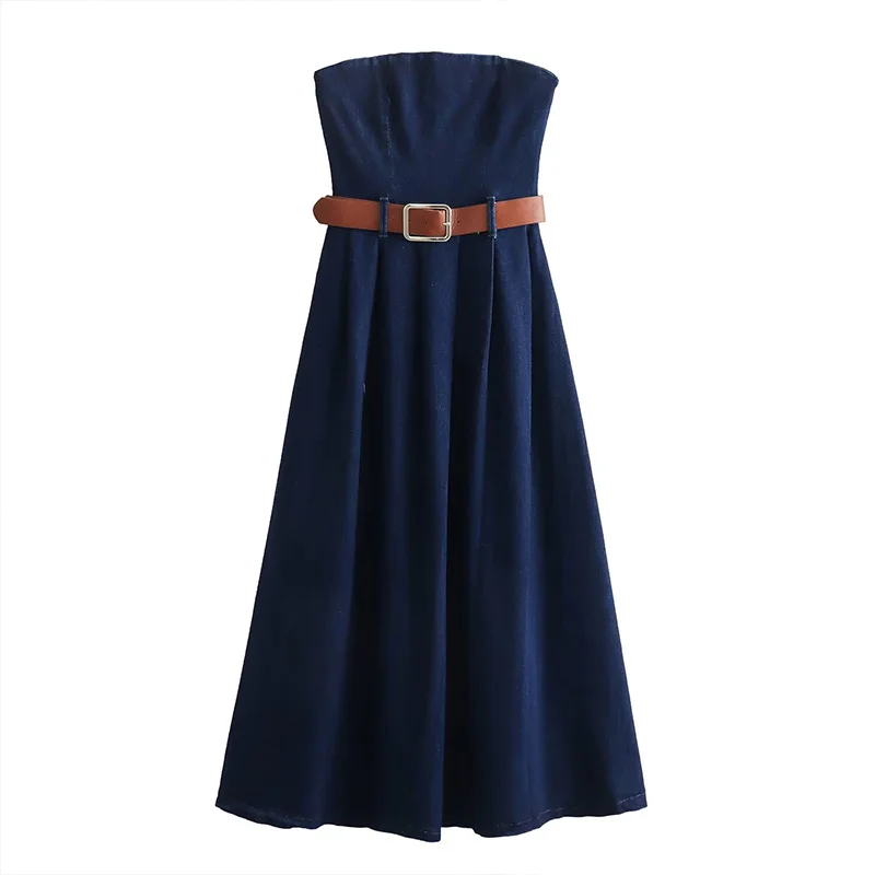 

2024 Fashion New Women's Belted Cowboy Dresses Bustier Slim Design Dresses Backless Sexy Long Dresses