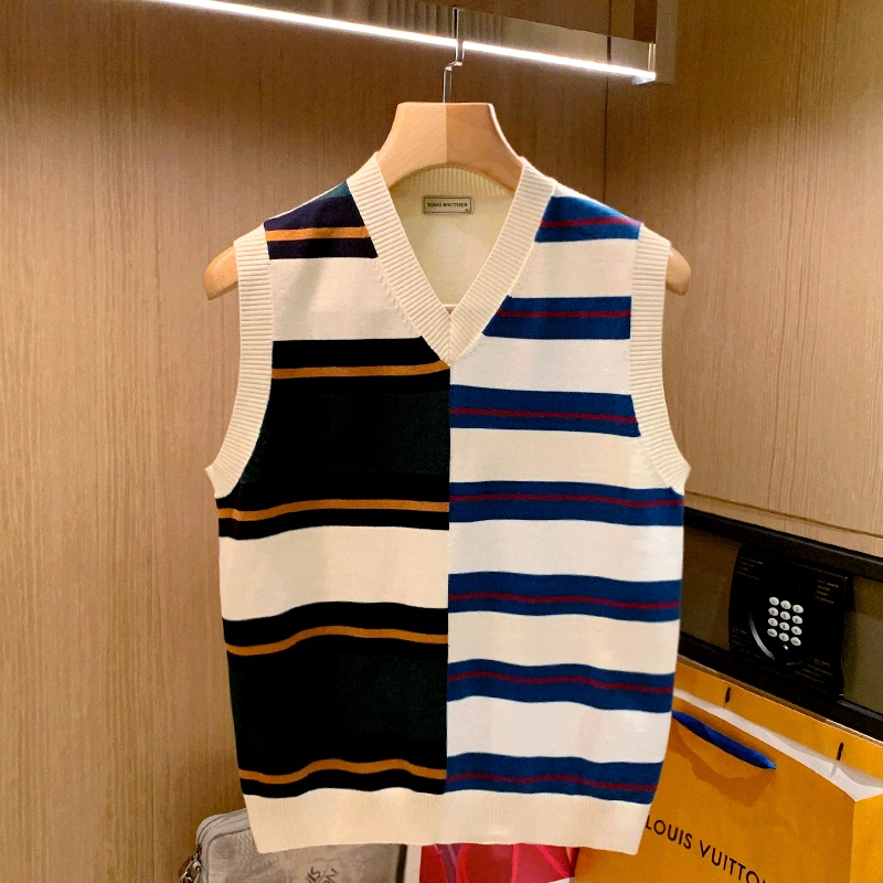Men Sweater Vest Patchwork Casual Sleeveless Knit Sweaters Male Loose V-neck All-match Korean Preppy Style Streetwear W462