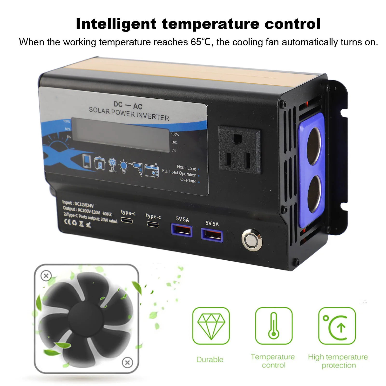 3000w 자동차 인버터(LED 컬러 주변 조명 포함) 2 USB 2 타입 C 충전 차량용 전력 변환기 US 플러그 12V/24V-110V