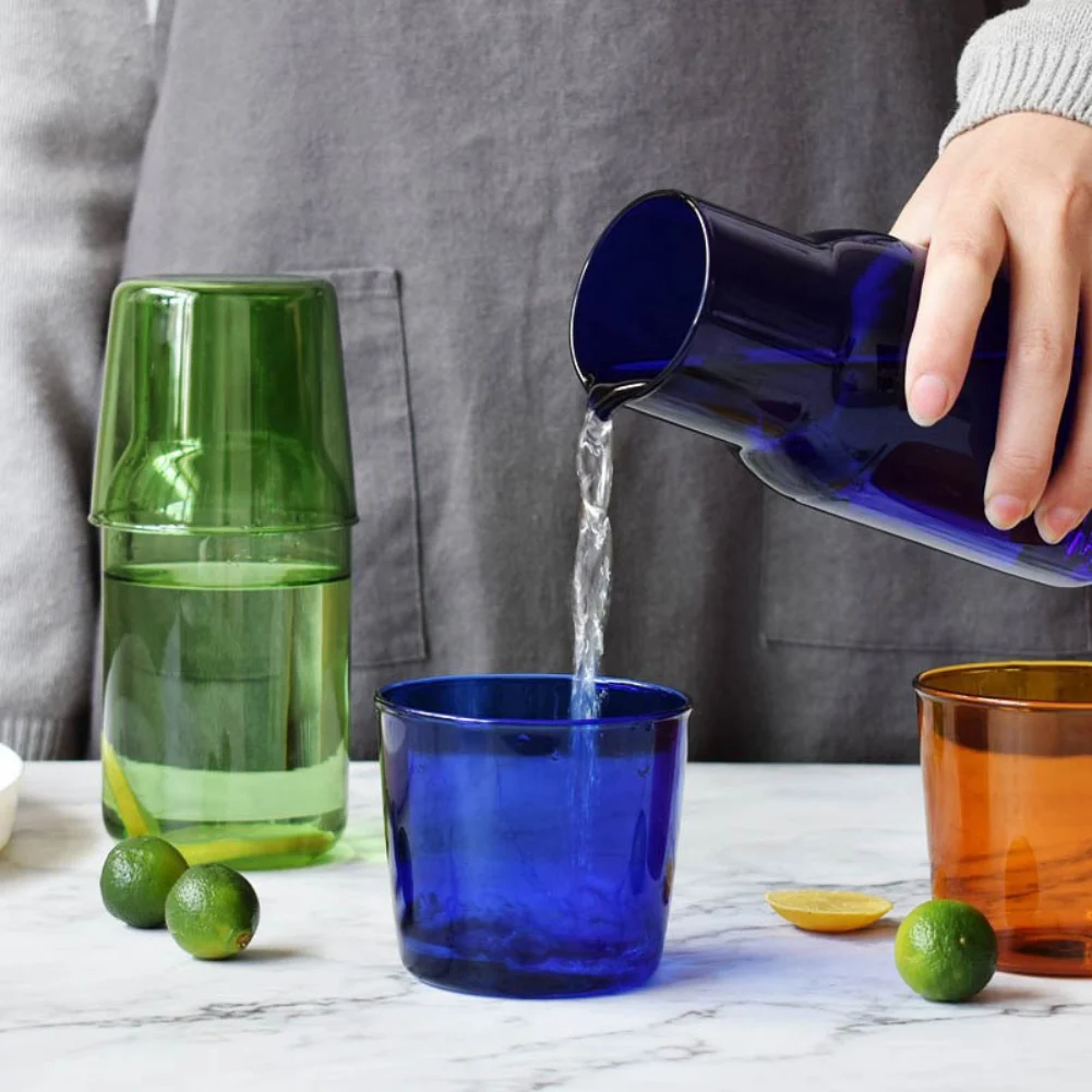 Bedside Water Carafe with Tumbler Glass Set for Bedroom Nightstand Glass Mouthwash Bottle Juice Water Pitcher for Kitchen Bath