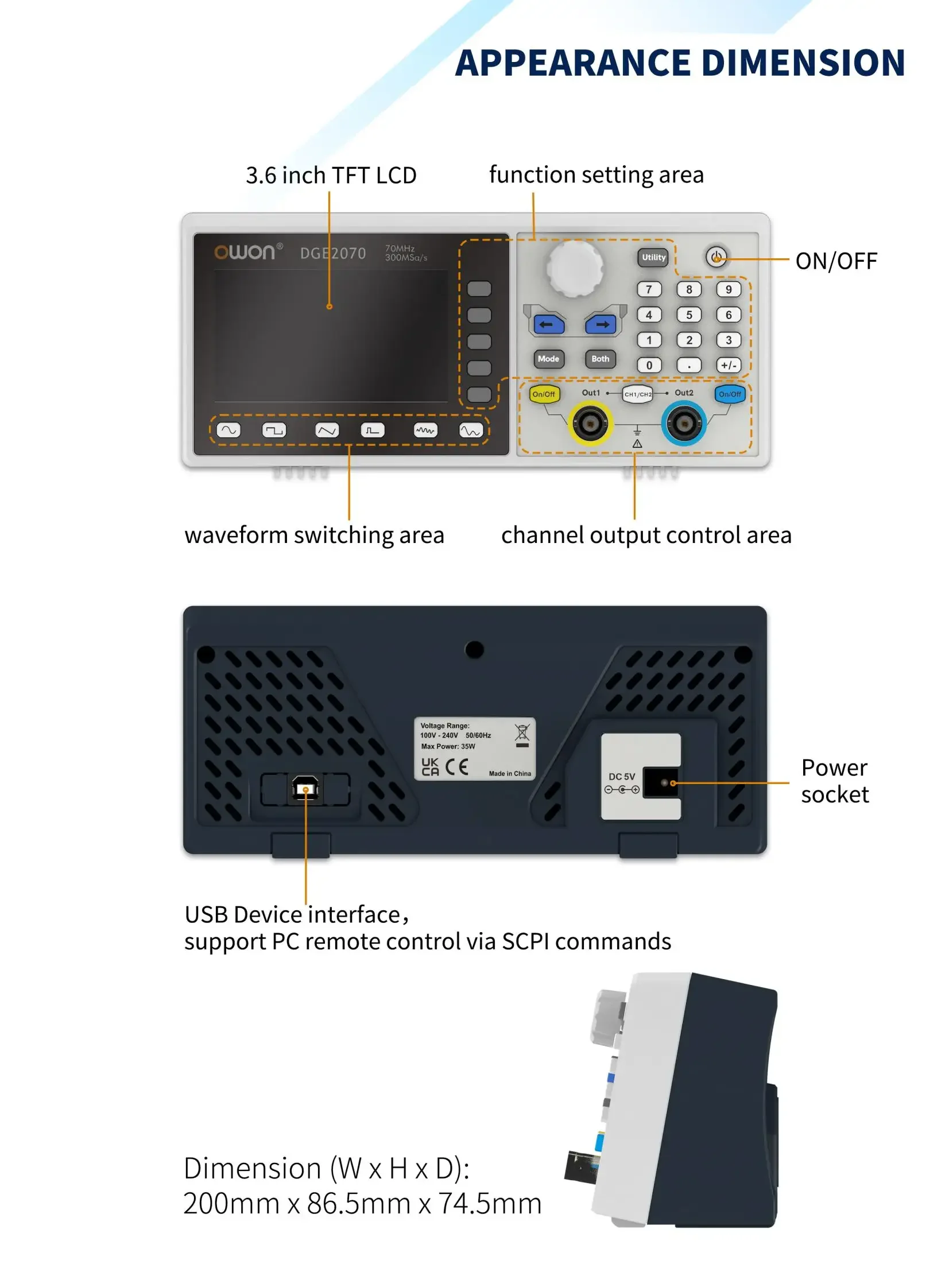 DGE2035/DGE2070 Dual Channel Digital Oscilloscope, Waveform Generator 300MSa/S S