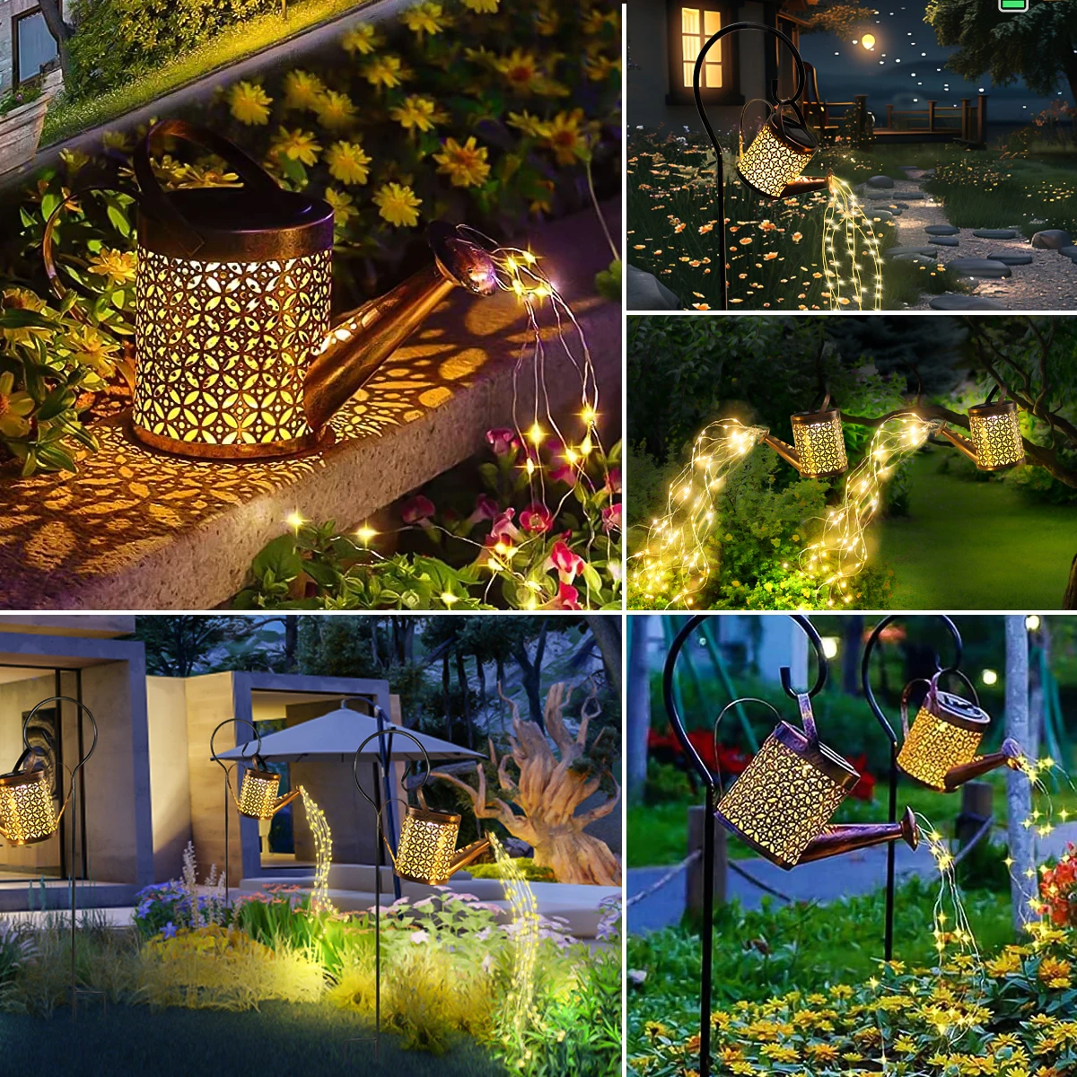 1PC Solar Powered Kettle Light LED Fairy Garden Decor with Retro Metal Design for Lawn Pathway Patio for Halloween Christmas 4