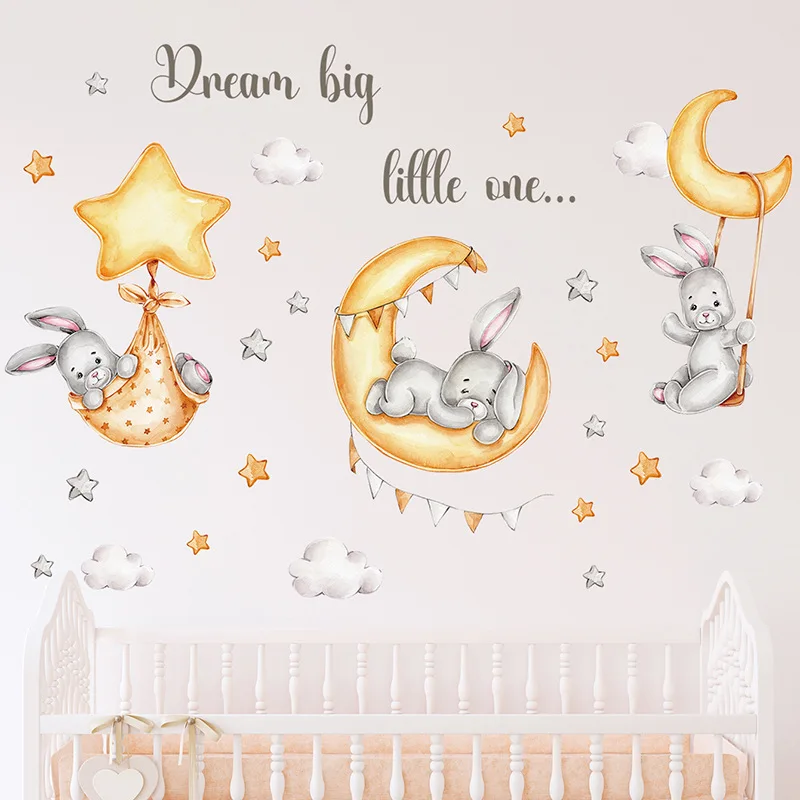 Stickers Muraux Ourson Lapin Étoiles Lune - Déco Chambre Salon Enfant