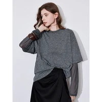 T-shirt imprimé faux deux pièces pour femmes, col rond, pull à la mode, printemps, nouveau, 2025 2