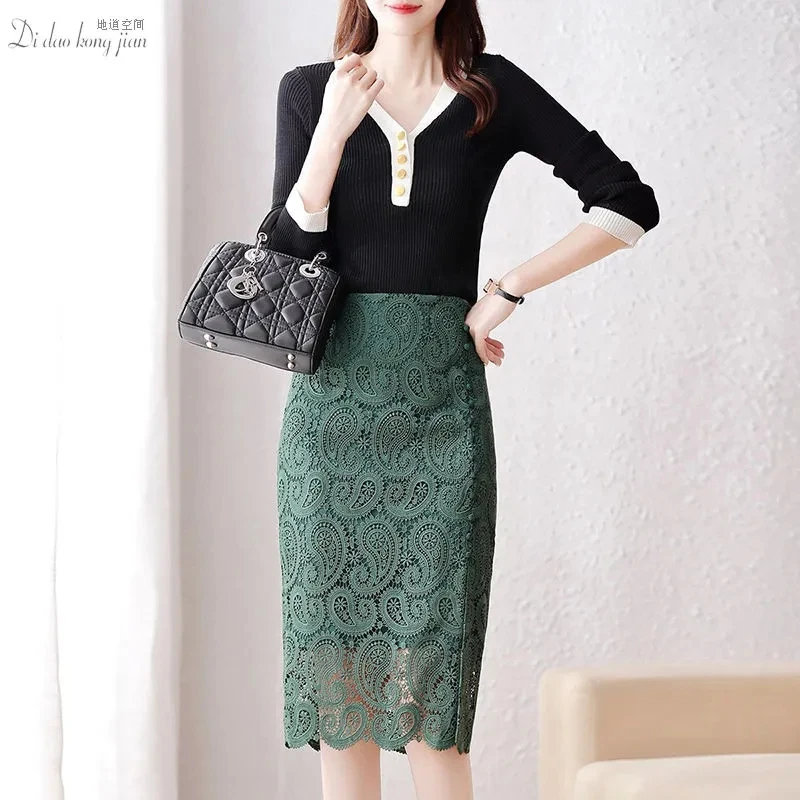 Fashion Summer Black Skirt Lace Mid-Length Skirts 2022 Summer New High Waist Women's Skirt ZipperNavy Bag Hip Skirt Size L-4XL