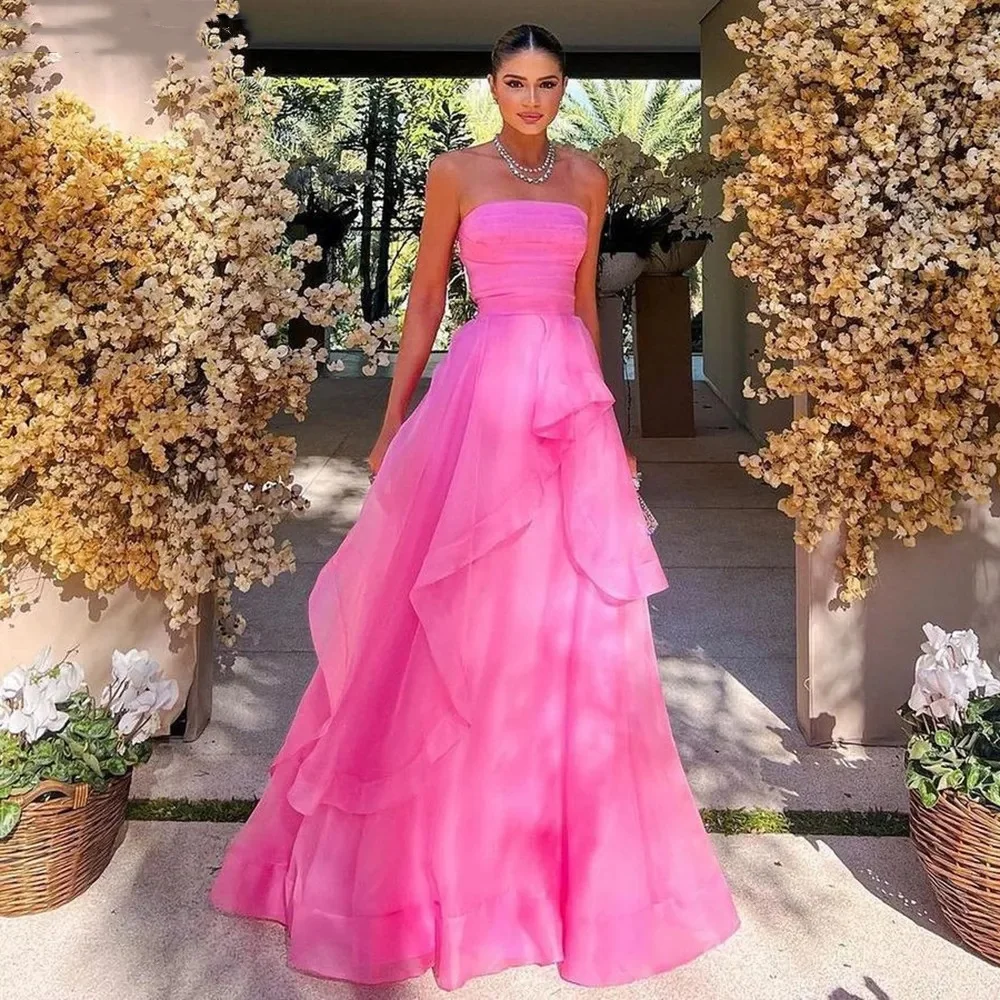 

Pink ruffled ball dress, sweet pleated strapless formal evening dress, women's special party dress 2024
