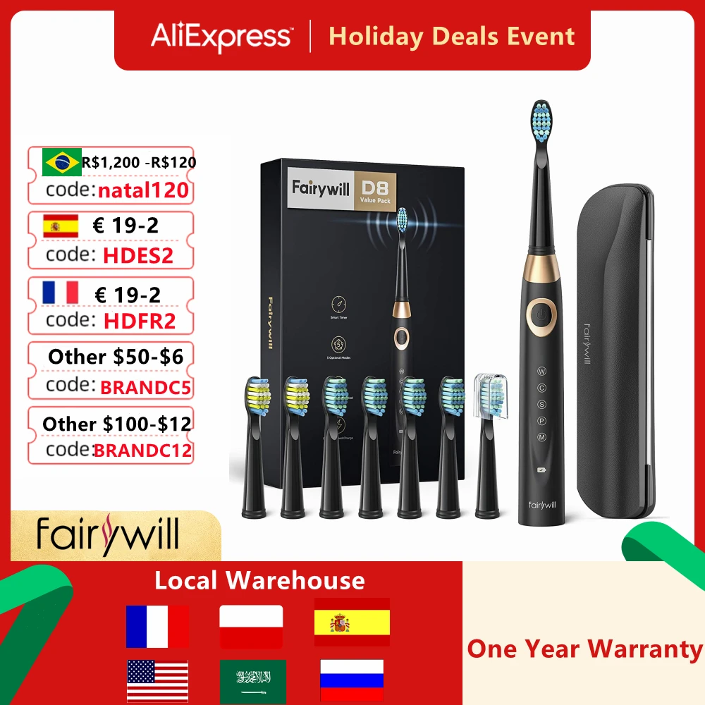 Fairywill Electric Sonic Toothbrush 5 Modes Replacement Heads