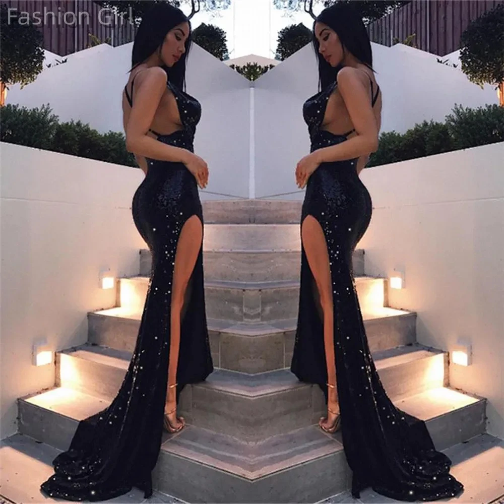 

2023 Luxury Black Sequined Sexy Backless High Split Women Evening Dress Mermaid Robe Prom Gown Wedding Party Formal Occasion