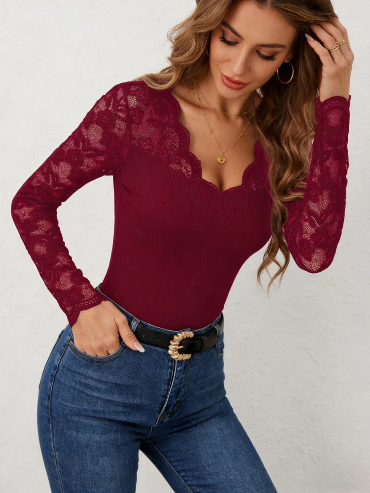Fashion Spring and Summer New Fan-shaped V-neck Women's Long-sleeved Shirt Retro Lace Hollow Solid Color Slim-fit Casual Blouse
