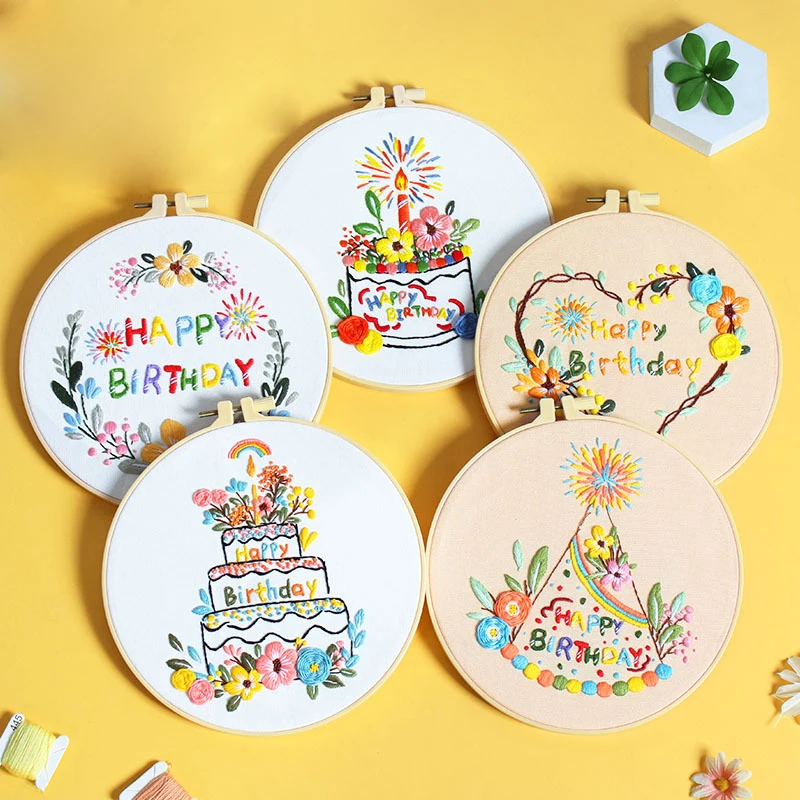 Happy Birthday Cake Flower Embroidery Kit with Stamped Cloth Needle EN instructions Thread for Birthday Gift DIY
