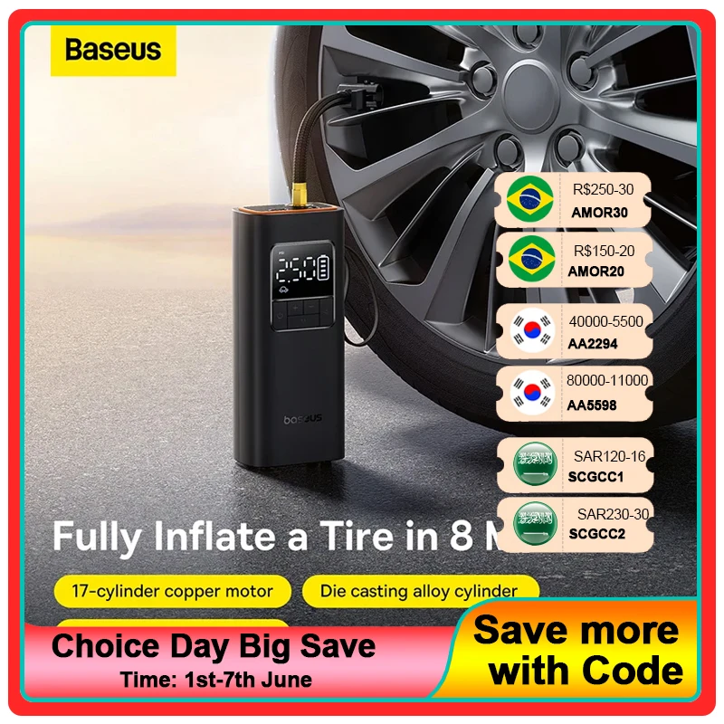 Baseus Car Tire Wireless Air Pump gonfiatore compressore d'aria ricaricabile portatile per auto moto bicicletta pompa ad aria elettrica