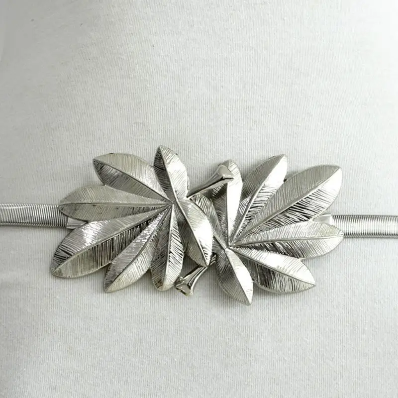 

Women Bridal Skinny Waistband Maple Leaf Metal Buckle Glitter Solid Color