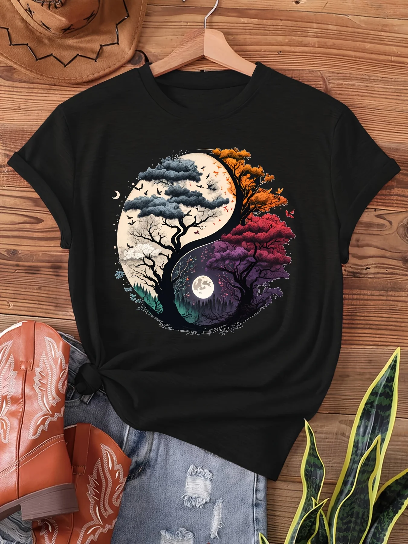 Yin Yang Tree Of Life Women's Tee - Nature Graphic, Casual Boho Spiritual Top 2