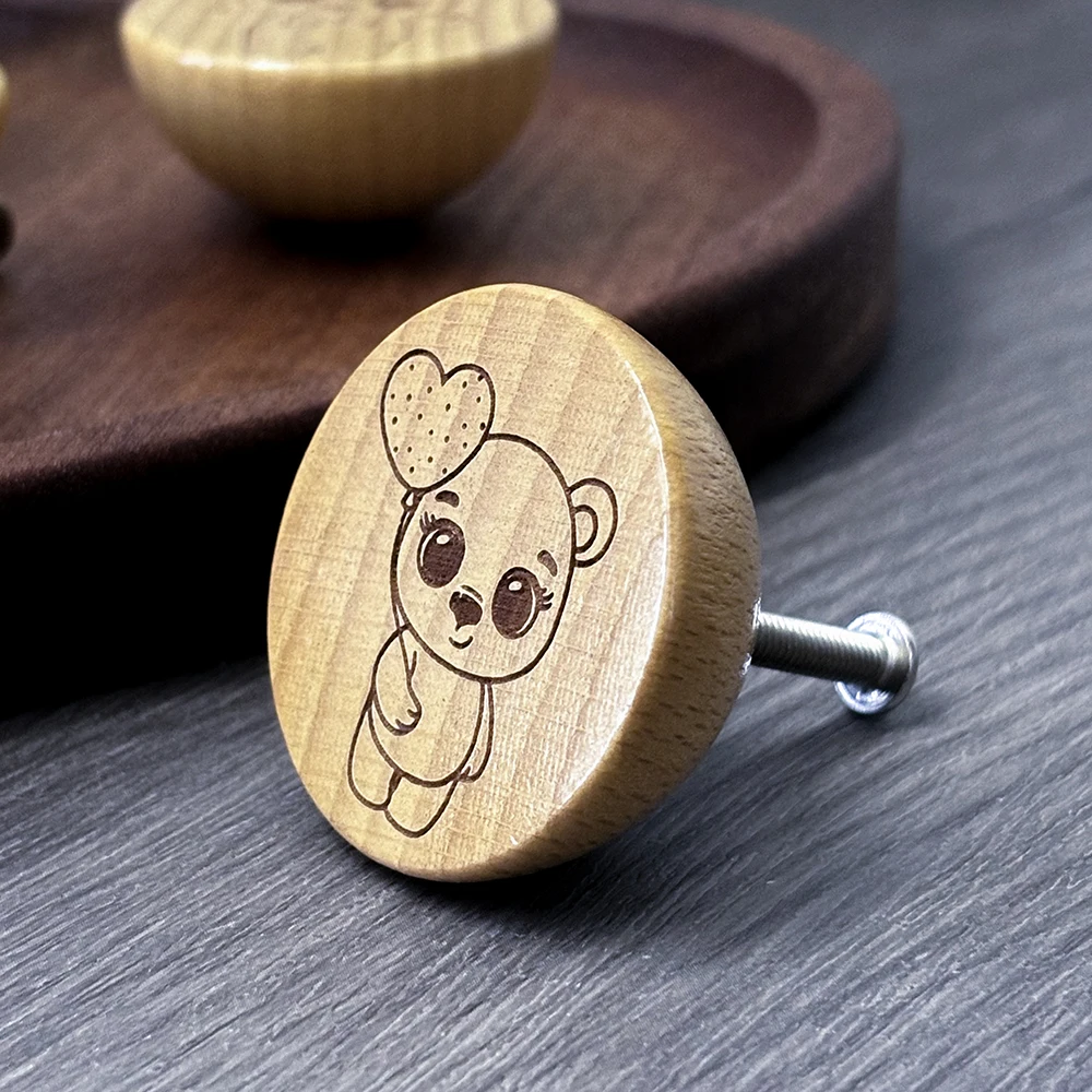 Description Picture 4 of itemSet of 6 Handmade Beech Wood Knobs with Engraved Cute Bear Pattern for Kitchen Cabinets Pulls Dresser Drawers Knobs