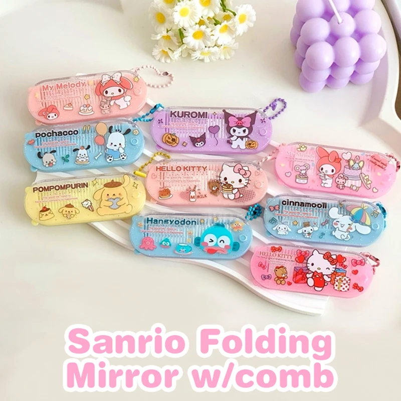 Sanrio Hello Kitty Folding Mirror W/Comb Cinnamoroll Kuromi Melody Mini Portable Makeup Mirror Kid Gifts 3