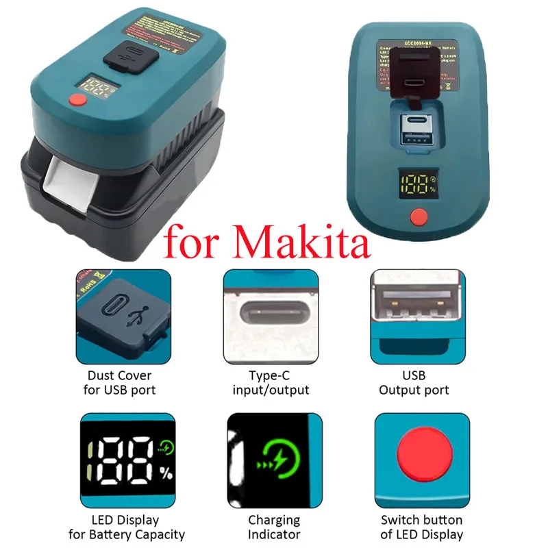 Tragbares 65-W-Adapter-Ladegerät mit Typ-C- und USB-Anschlüssen, umkehrbares Typ-C-Ladegerät für Makita 18 V Li-Ion-Akkus, Schnellladegerät