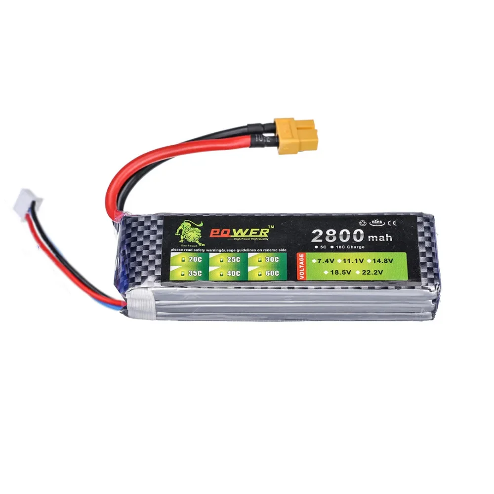Batterie LiPo rechargeable 2800mAh 7.4V 11.1V 14.8V avec connecteur T ou XT60, connecteurs en gros plan