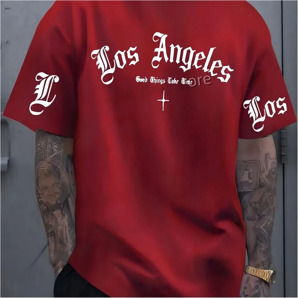 Modisches Herren-Sommer-T-Shirt mit Gothic-Buchstaben-Print, bequem und atmungsaktiv, Rundhalsausschnitt, Outdoor-Casual-Oberteil im urbanen Stil. – Detail 8