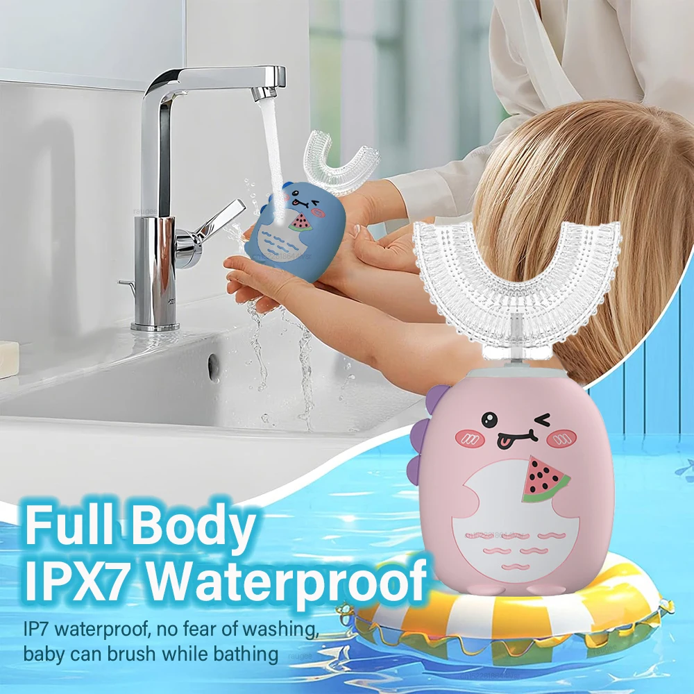 어린이용 전동 칫솔 U자형 360 °   식품 등급 실리콘 재질의 충전식 스마트 타이머 블루라이트 IPX7 방수 칫솔