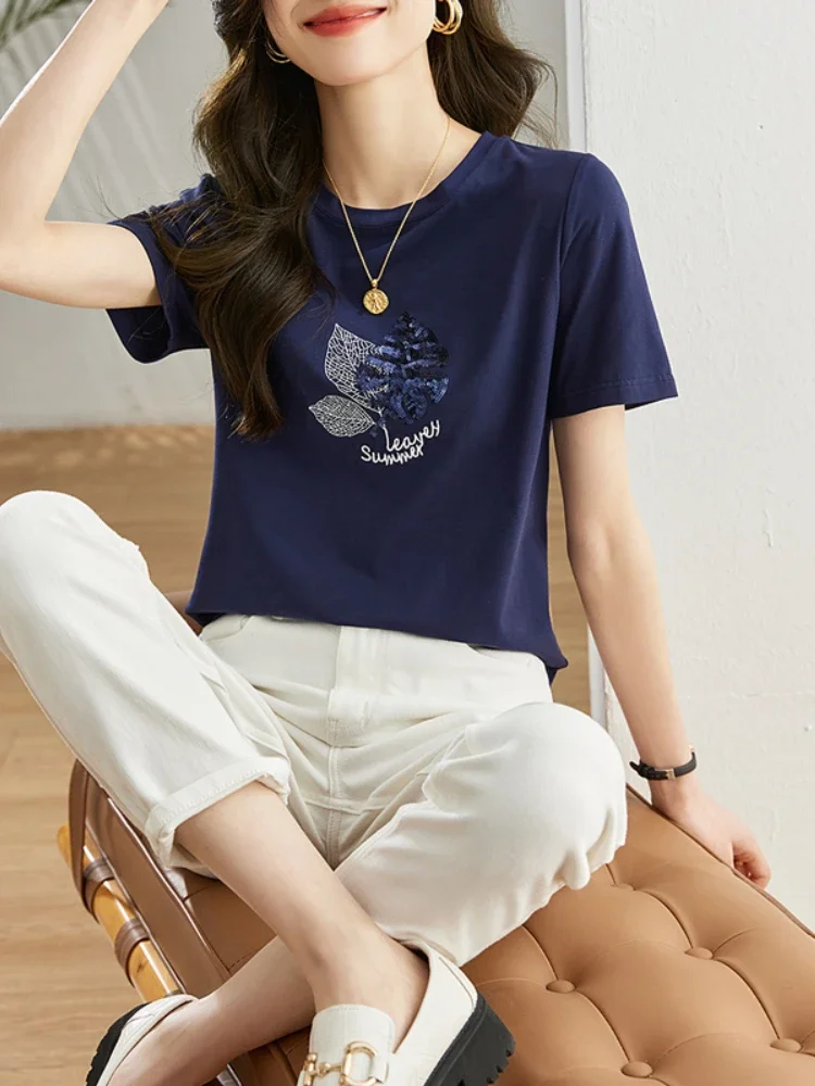 Elesomo Women's V-Neck T-Shirt - Casual Short Sleeve Summer Cotton Tee Top - Navy, Small