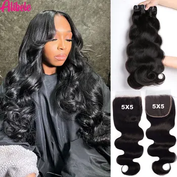 Alibele Hair 12AGrade Body Wave Bundles With 5x5 Lace Closure Malaysia Wet And Wavy Human Hair Bundles With Closure NaturalColor 1