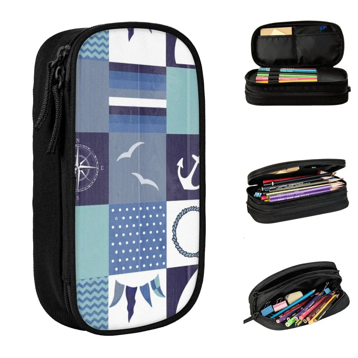 

Nautical Patchwork Anchors Pattern Pencil Cases Compass Pencilcases Pen for Girl Boy Storage Bag School Supplies Gift Stationery