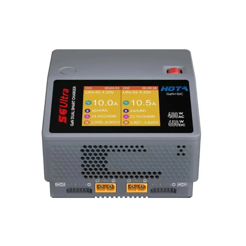 Chargeur multiport 480W 2 canaux USB pour batteries LiPo/LiFe/Li-ion en cours d'utilisation avec des batteries connectées